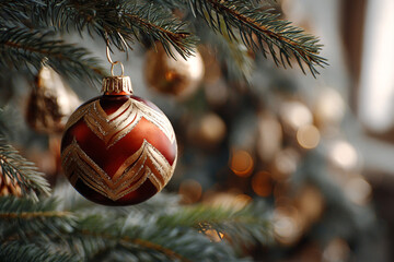 Richly adorned Christmas ornament captures the warm glow of festive decor in a cozy setting Generative AI