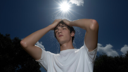 A young man cools off under the harsh sun, enjoying a refreshing moment in the summer heat Generative AI