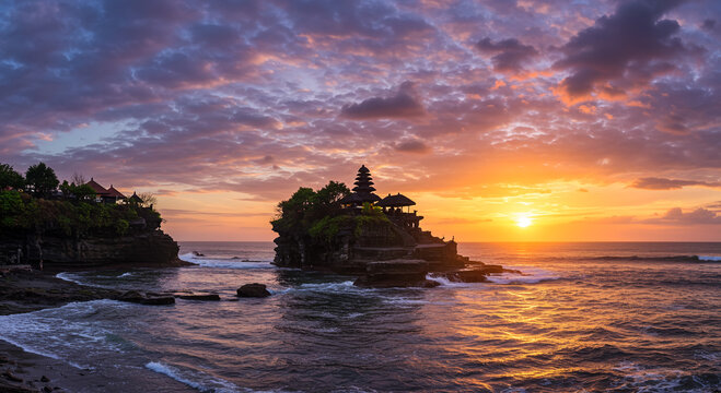 Spectacular Sunset over Tanah Lot Temple in Bali, Indonesia