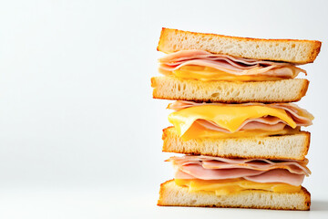 Stack of grilled ham and melted cheese sandwiches on white bread against a plain white background
