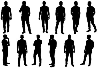 Silhouettes of men in various poses isolated on white background