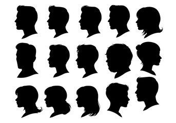 Silhouettes of diverse peoples heads in profile isolated on white background
