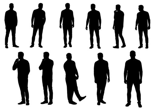 Silhouettes of men in various poses isolated on white background