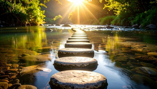Stepping Stones Across a Wide Shallow River at Sunset