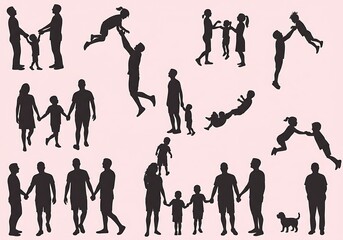 Silhouettes of families and individuals interacting with each other