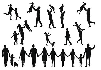 Silhouettes of families playing together isolated on white background