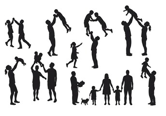Silhouettes of families and children isolated on white background