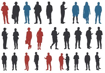 Silhouettes of diverse people standing and walking isolated on white background