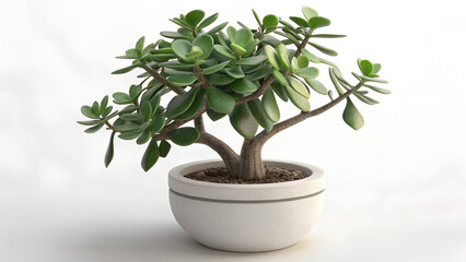 Fototapeta premium Photo of a vibrant jade plant with rounded leaves in a simple white pot, isolated on white background