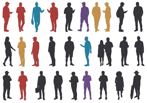 Silhouettes of diverse people standing and walking isolated on white background