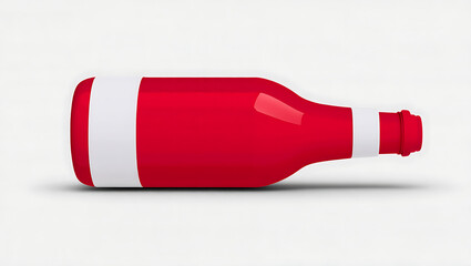A red bottle with white label laying horizontally on a white background in a studio setting