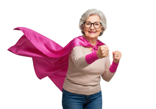 Isolated Smiling Senior Woman Dressed as Superhero