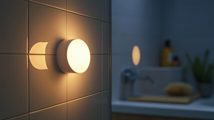 Soft light from the round lamp casts gentle shadows, enhancing the calming vibe in the bathroom Generative AI