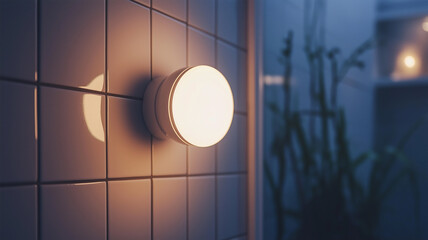 A soft glow from a round light fixture on the tiles creates a peaceful bathroom vibe Generative AI