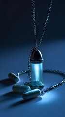 Capsule necklace holding medicine, on a blue gradient background