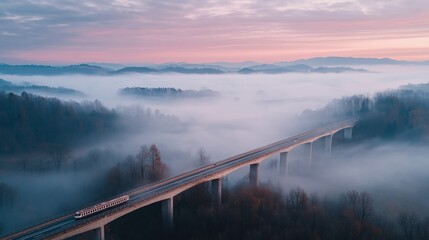 Train traverses a misty bridge amidst a hazy landscape at sunrise