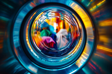 Washing Machine Spinning Colorful Clothes in Motion Generative AI