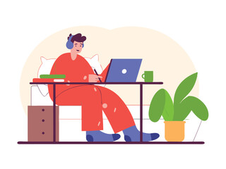 Remote Work from Home Illustration: Man in Pajamas Using Laptop & Headphones