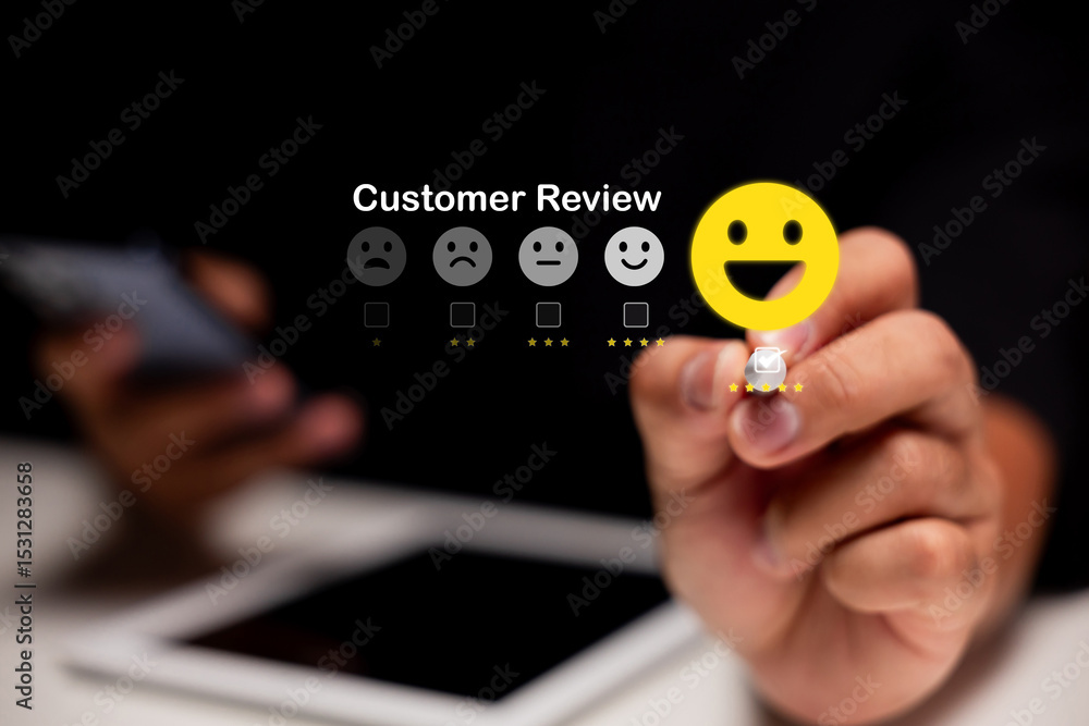 Poster a hand selects a happy face emoji on a digital customer review rating scale against a blurred backgr