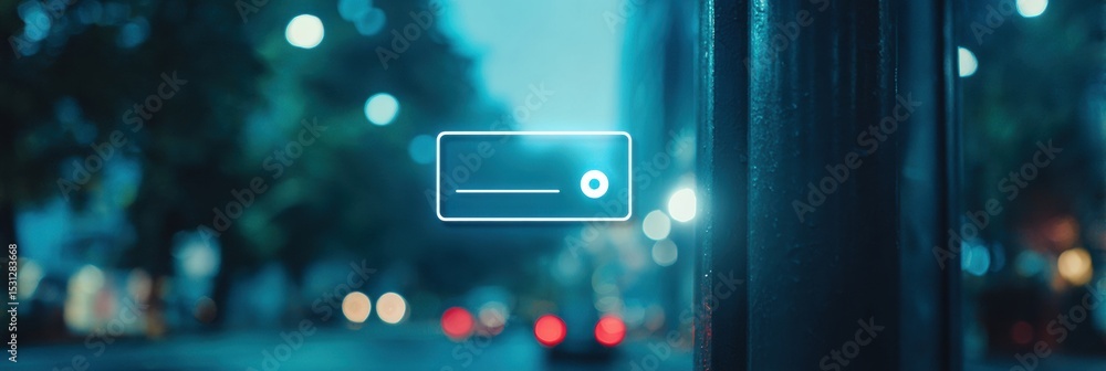 Poster social media profile login overlay displayed on blurred urban background with night lights and vehic