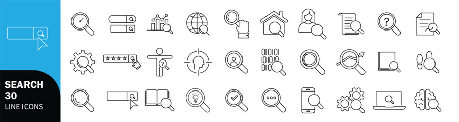 Search Line Icons Pack – 30 Modern Thin Stroke Vector Symbols ,Professional Search Symbols  for UI/UX & Web