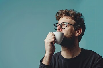 Vibrant Picture of Jolly Handsome Man Smelling Coffee