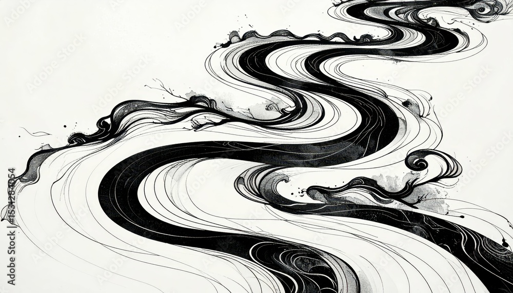 Poster swirling ink patterns on paper creating an artistic fluid pathway