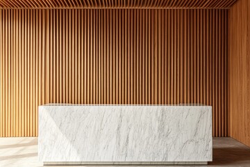 Modern lobby with light wood paneling and white marble reception desk