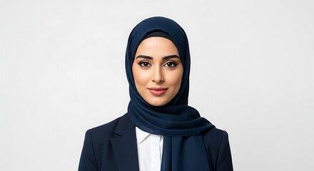 Woman wearing a hijab and business suit.
