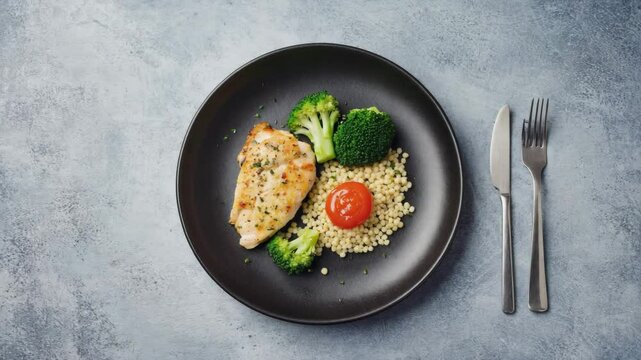 Healthy Dinner of Grilled Chicken Breast with Quinoa, Broccoli, and a Cherry Tomato on a Black Plate