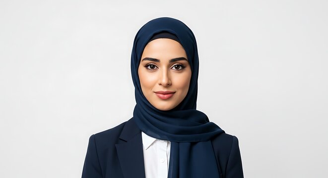 Woman wearing a hijab and business suit.