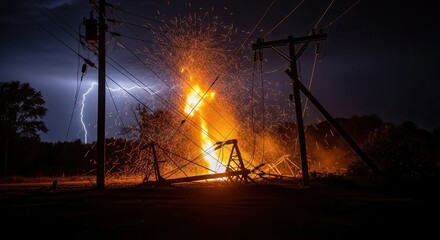 Power line explosion dramatic night storm