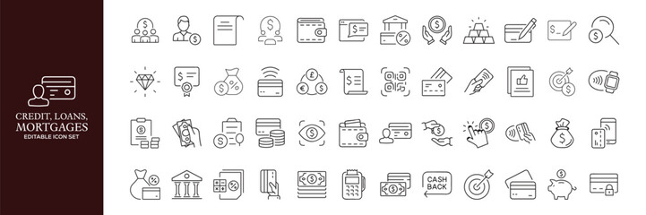 Credit, Loans and Mortgages web icons in outline style. Credit card, deposit, car leasing, rate interest, calculator, income, rating, collection. Editable stroke outline icon