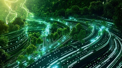 Future highway merging nature and technology into scenic roadways.