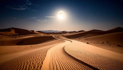 Naklejka premium Serene Pathway of Swirling Sand Dunes Under Moonlight at Night