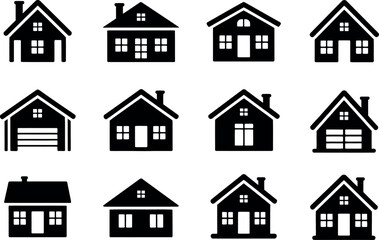 Set of black house icons in different architectural styles vector illustration.