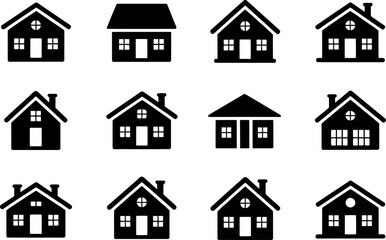 Set of black house icons in different architectural styles vector illustration.