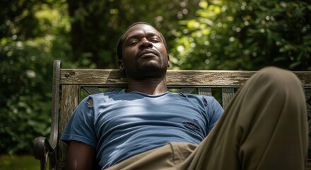 Relaxation in nature: person enjoying peaceful moment on wooden bench outdoors