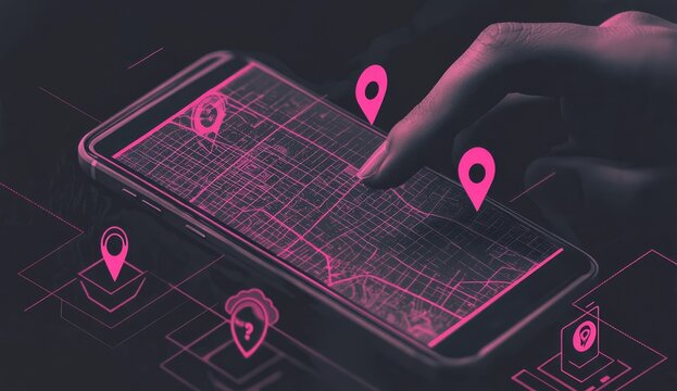 Smartphone displaying map with location markers.  Hand touches screen.  Security icons surround the phone