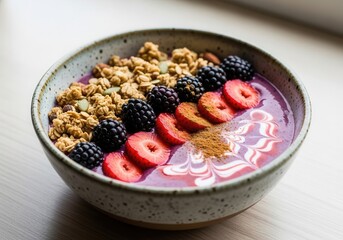Healthy berry smoothie bowl with granola fresh fruit toppings