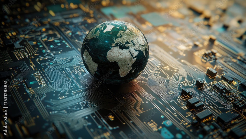 Aufkleber earth atop a circuit board. a miniature globe sits on a complex network of circuit pathways