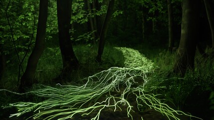 Ethereal glowing trail through dark woods captures mystery and nature.