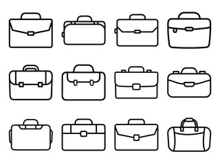  Silhouette Style Briefcase Icons on White Background Minimalist Black Outline Business and Office Bag Illustrations

