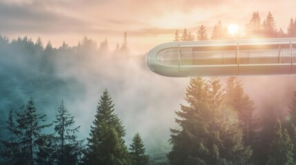 Futuristic vehicle glides above a misty forest at sunset.