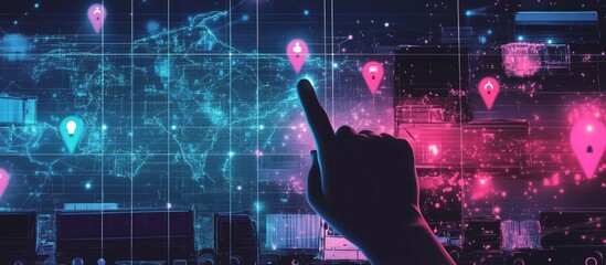 A hand interacts with a digital world map, highlighting locations with glowing markers. Global logistics, real-time tracking, and data visualization are prominent