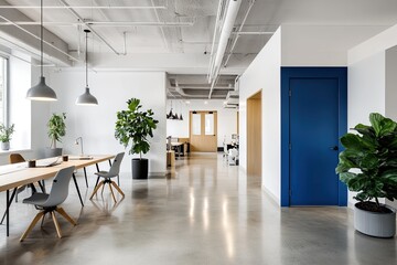 Modern open-plan office space with natural light, light wood furniture, and a pop of blue