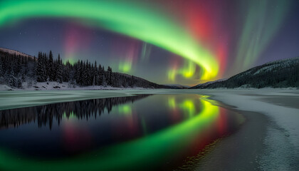 Spectacular aurora borealis over a frozen lake with snowy pine forests and towering mountains under a star-filled sky