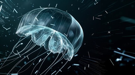 Geometric jellyfish floats in the digital void. Bioluminescence