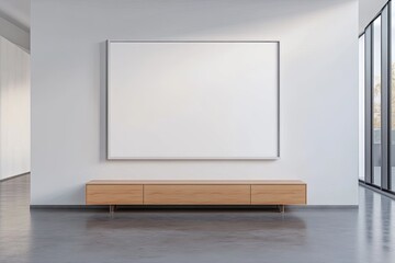 Fototapeta premium Empty art canvas above light-toned cabinet in modern space