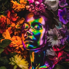 Luminous face surrounded by vibrant blooms of beauty and relaxation.